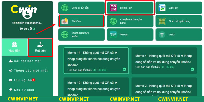 Hình thức rút tiền CWIN qua thẻ cào điện thoại